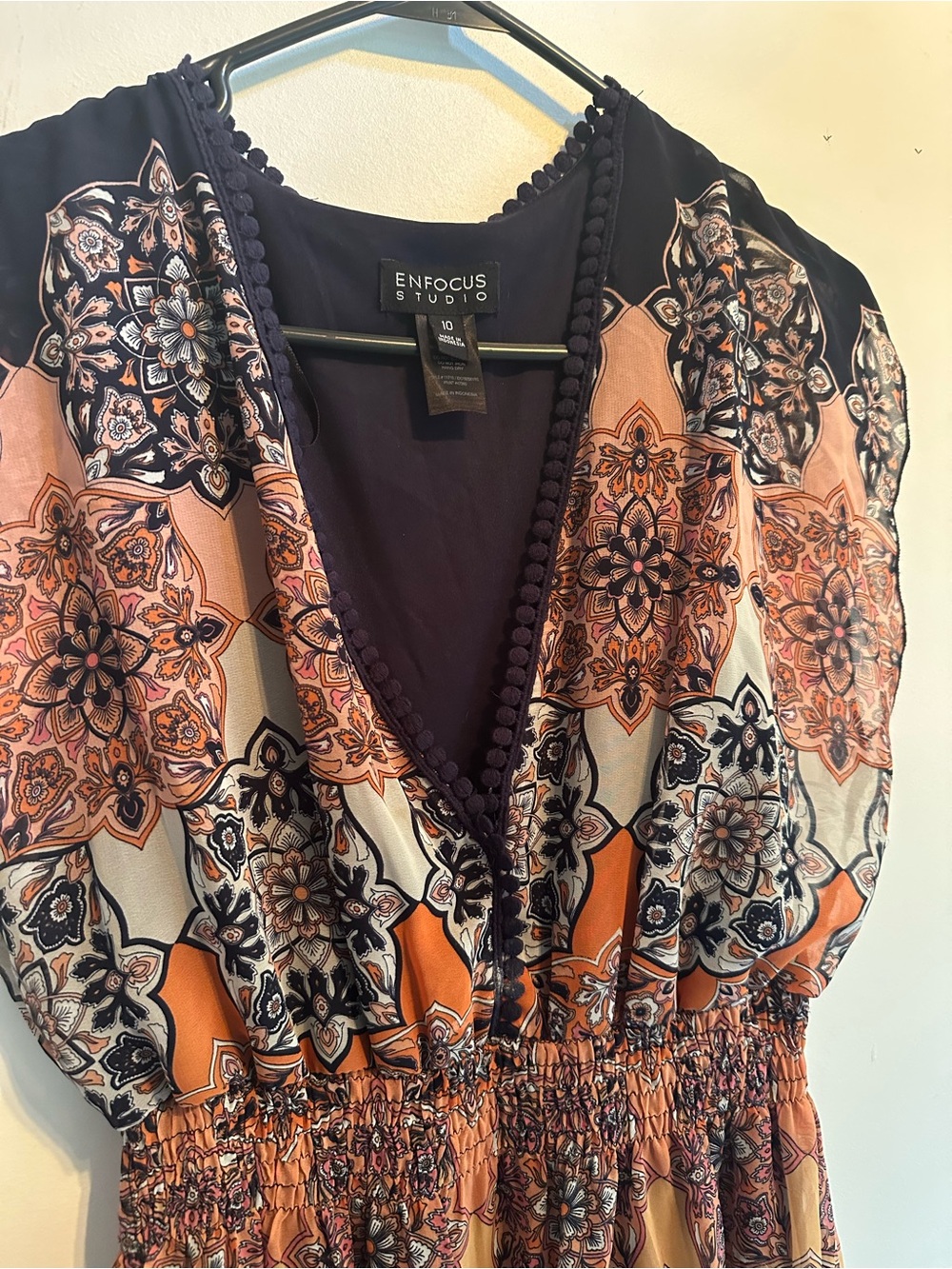 Enfocus Studio Orange, Navy & Cream Printed V-Neck Dress